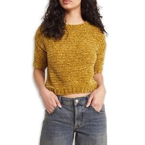 Open Edit Loose Crop Sweater Knit Texture Short Sleeves Olive/Gold Women's S NWT